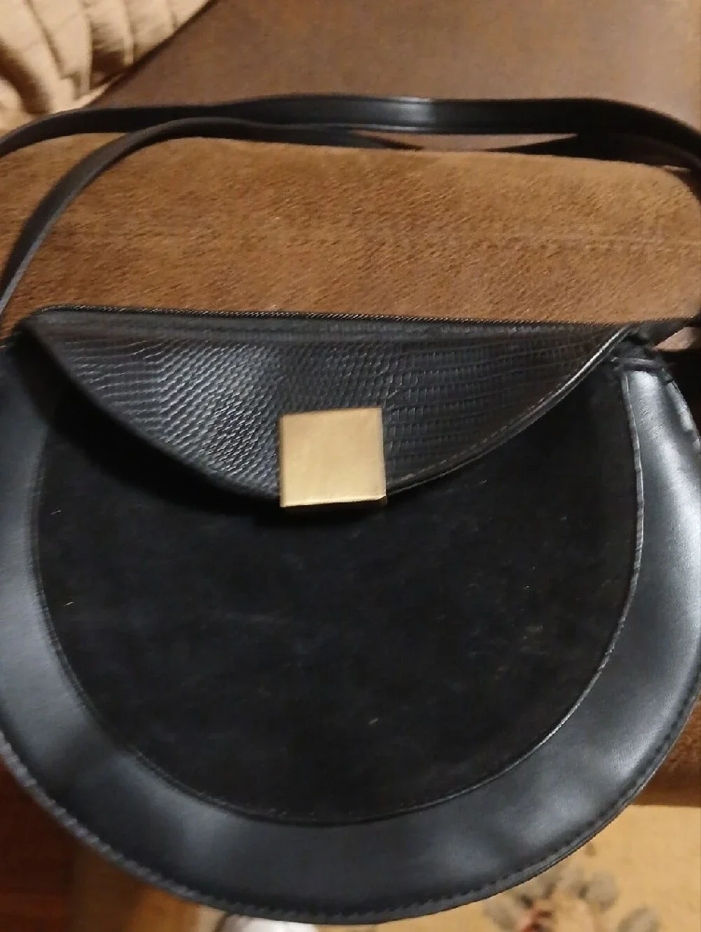 Black Semi-Circle Crossbody Bag with Gold Accent